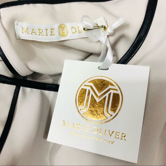 Marie Oliver Margaret Shift Dress Faux Leather Trim Long Sleeves Cement S - Picture 8 of 10
